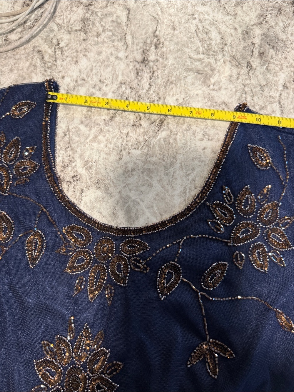 Pisarro Nights Navy Blue Midi Dress with Gold Floral Embroidery beads and sequin - Picture 14 of 15